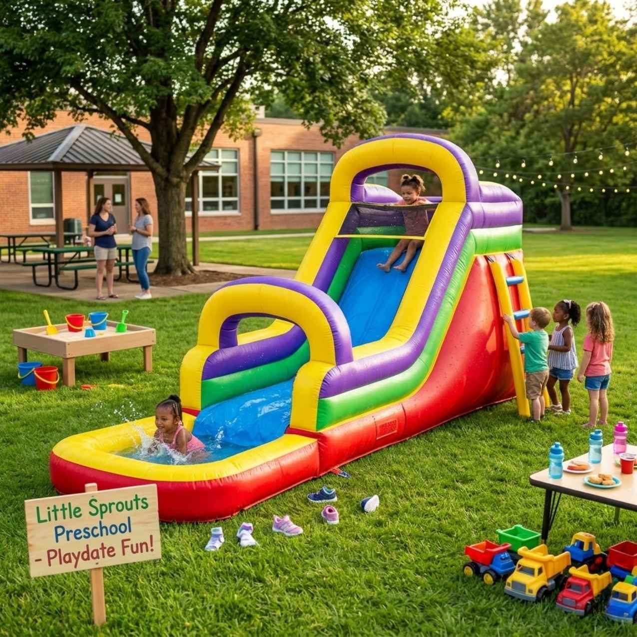Vibrant rainbow-colored 14-foot inflatable backyard water slide with a small splash pool at the base.