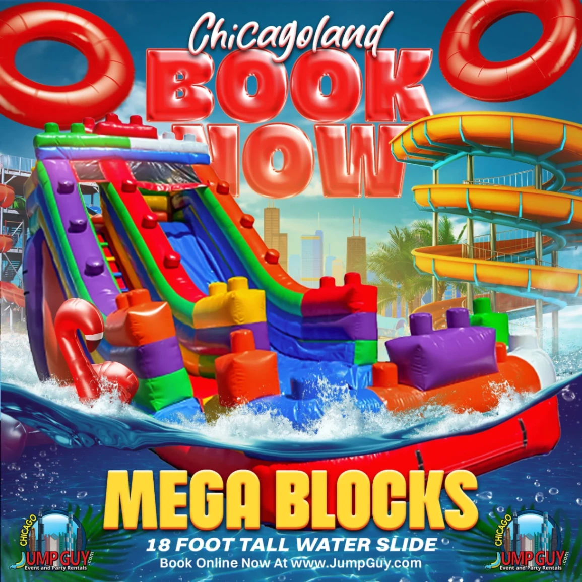 Colorful 18-foot inflatable water slide styled like giant building blocks with a splash pool at the bottom.