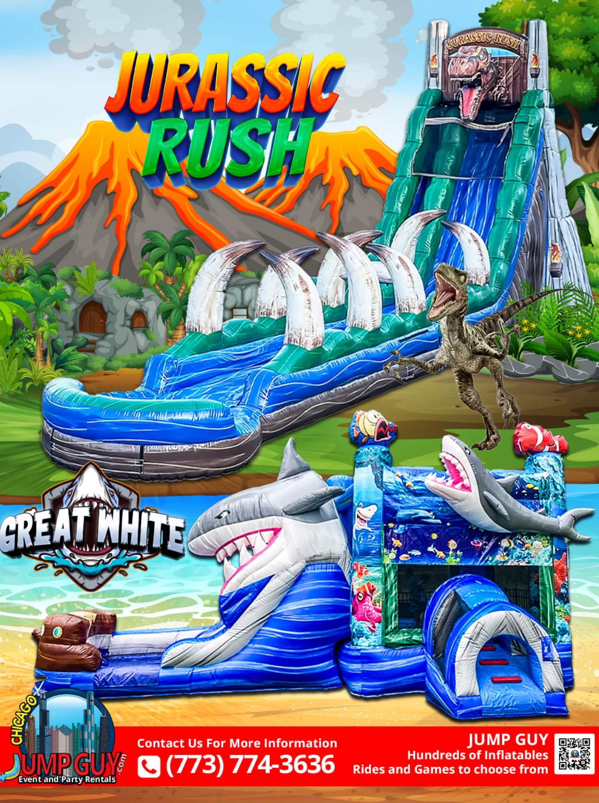 Great White Vs Jurassic Rush rental for Skokie IL events in ZIP codes 60076 and 60077