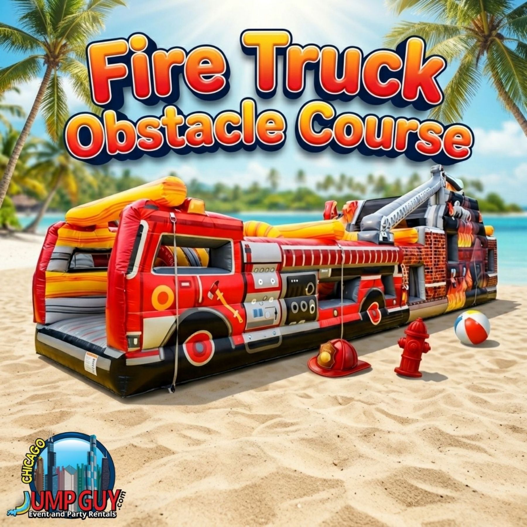 Fire Truck Bounce House Slide Obstacle Course rental for Skokie IL events in ZIP codes 60076 and 60077