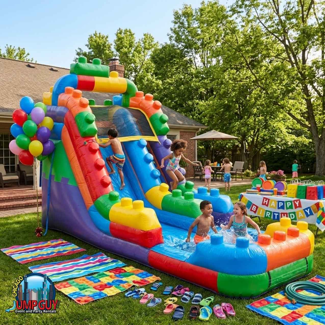 15-foot inflatable water slide with a colorful building block theme, shown with kids playing in the attached pool.